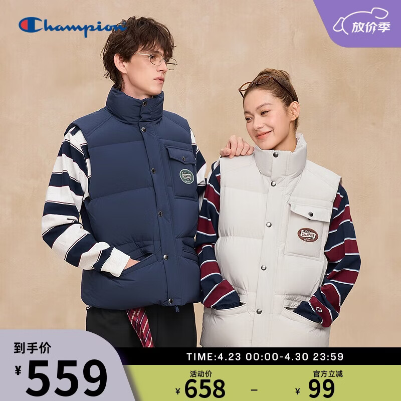 Champion冠军量感羽绒马甲男25秋季新款潮牌背心女美式立领潮牌 骨白 M