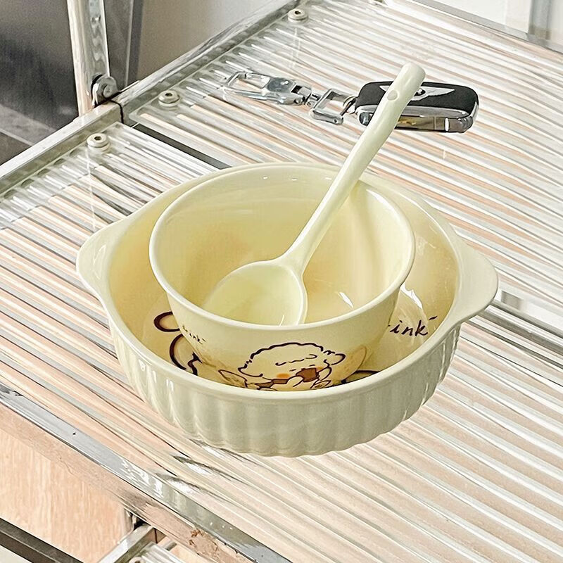 【乐选】奶fufu陶瓷釉下彩双耳碗一人食家用餐具套装带勺筷宿舍泡 面包旺4.5英寸碗(1碗1勺)