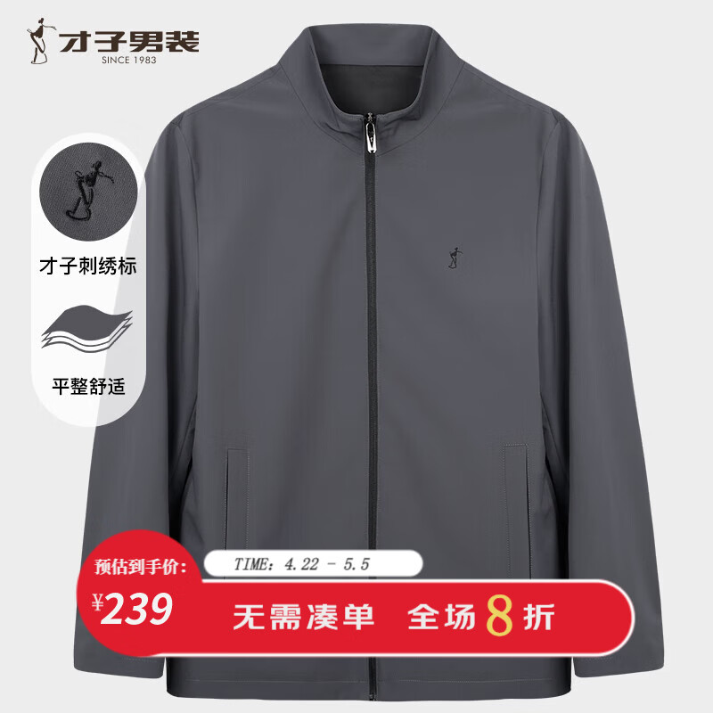 才子（TRIES）外套男行政夹克男士商务休闲立领春秋新款通勤风上衣男 灰色 XL (175/92A)