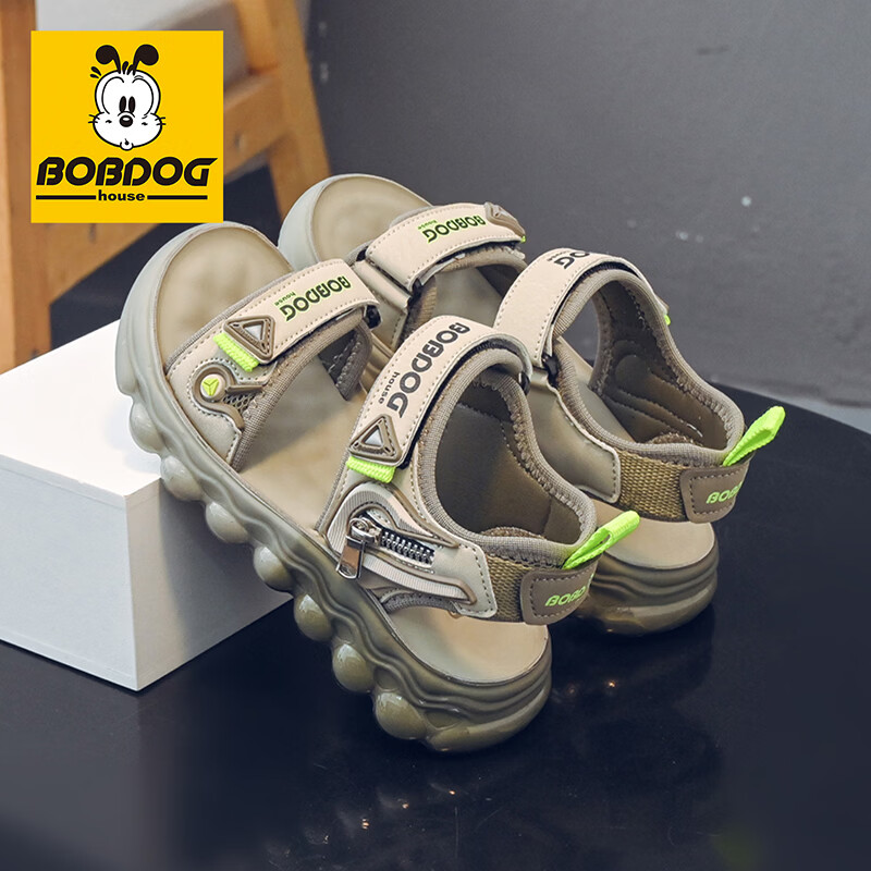 巴布豆(BOBDOG)童鞋儿童运动鞋凉鞋2026新款百搭鞋子夏季男童露趾透气沙滩鞋 米灰/浅军 33 适合脚长19.9cm