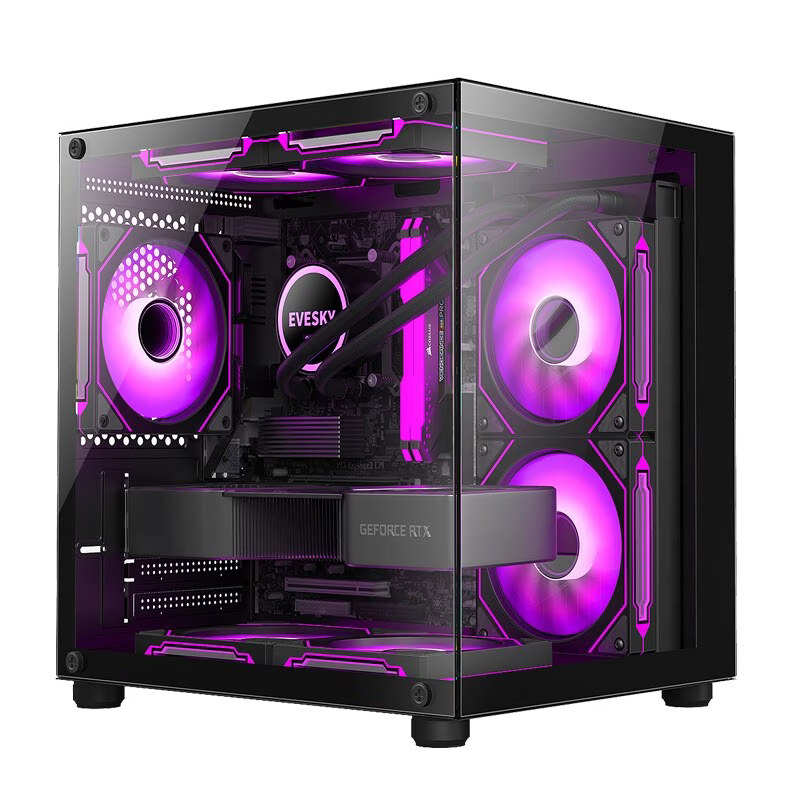 EVESKY 全景海景房电脑机箱台式主机m-atx侧透游戏暴风雪S920 海景房MINI-黑色【支持M-ATX主板240水冷