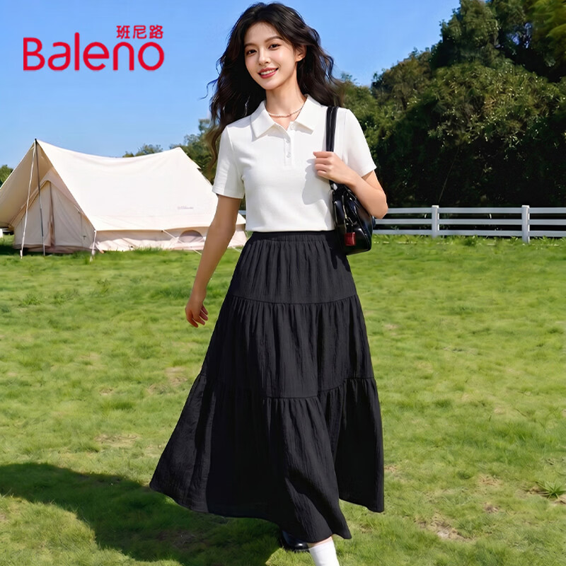 班尼路（Baleno）珠地POLO短袖T恤蛋糕长裙套装女夏季女装新款潮流时尚休闲两件套 白#纯色+黑#纯色 XL
