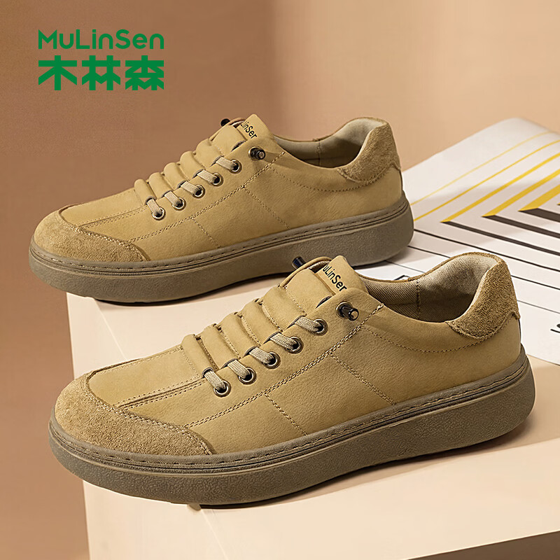 木林森板鞋男厚底增高休闲鞋透气青年时尚百搭运动手工缝线免系带男鞋 卡其 38