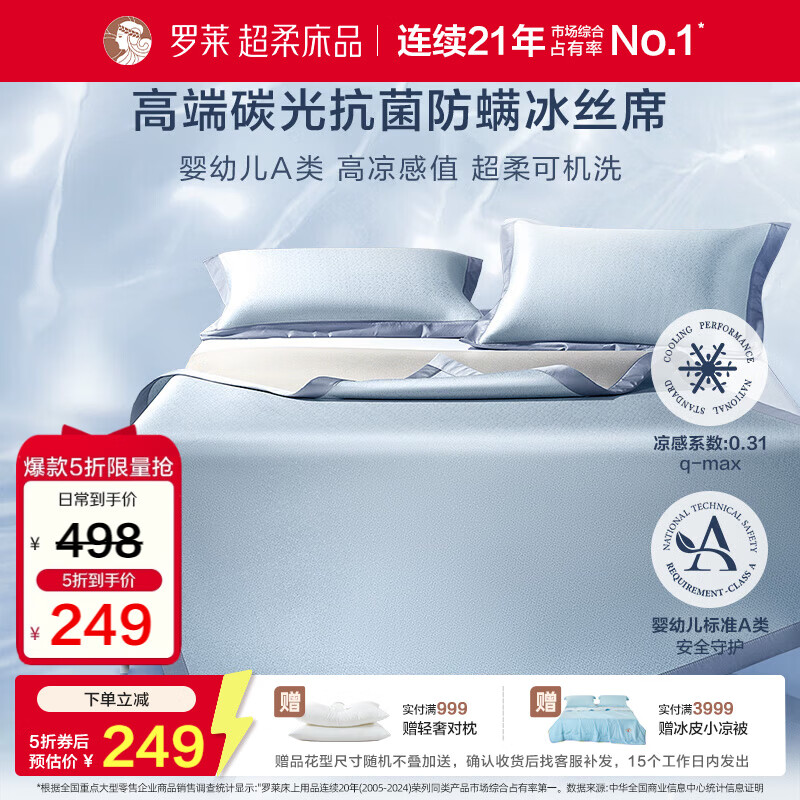 罗莱家纺 A类冰丝席【可机洗】抗菌防螨凉席床笠款三件套蓝180*200*30