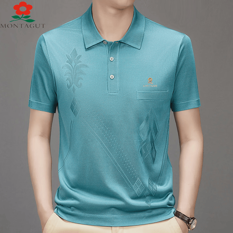 MONTAGUT梦特娇（MONTAGUT）夏季翻领短袖T恤男士桑蚕丝半袖高端薄款上衣 水蓝 薄款 M1688 4XL