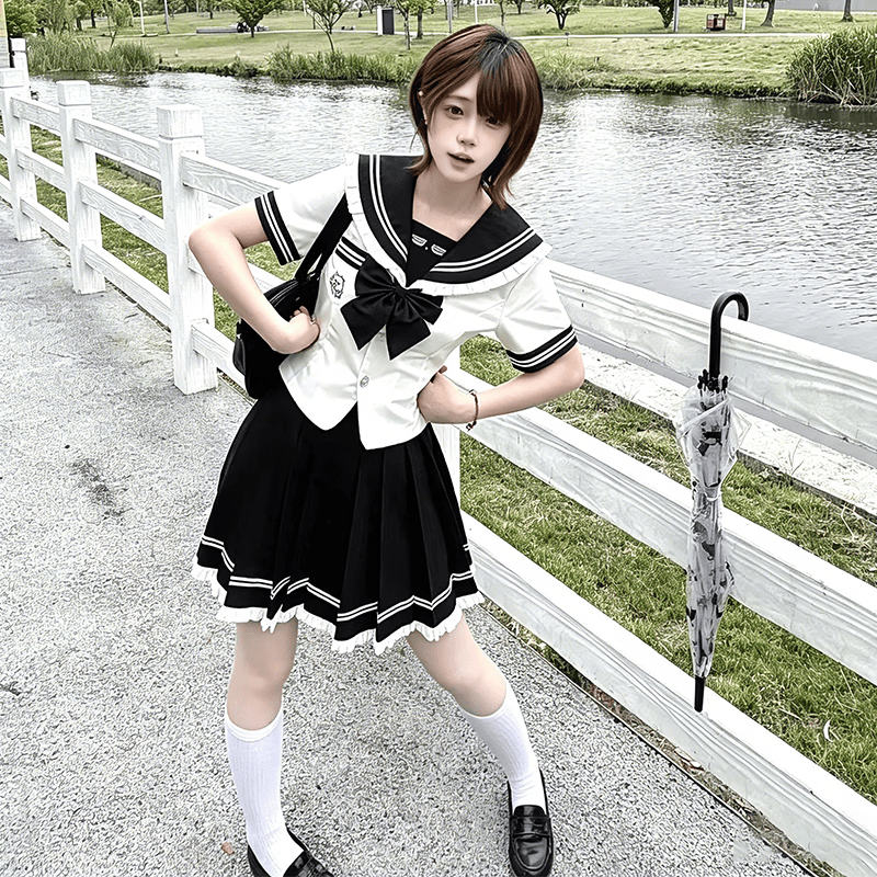 川奈香【月白序】水手服正版原创jk制服短袖学院风百褶裙制服套装 白色款上衣+裙子+黑领结一套 外宋小物 M 90-100斤