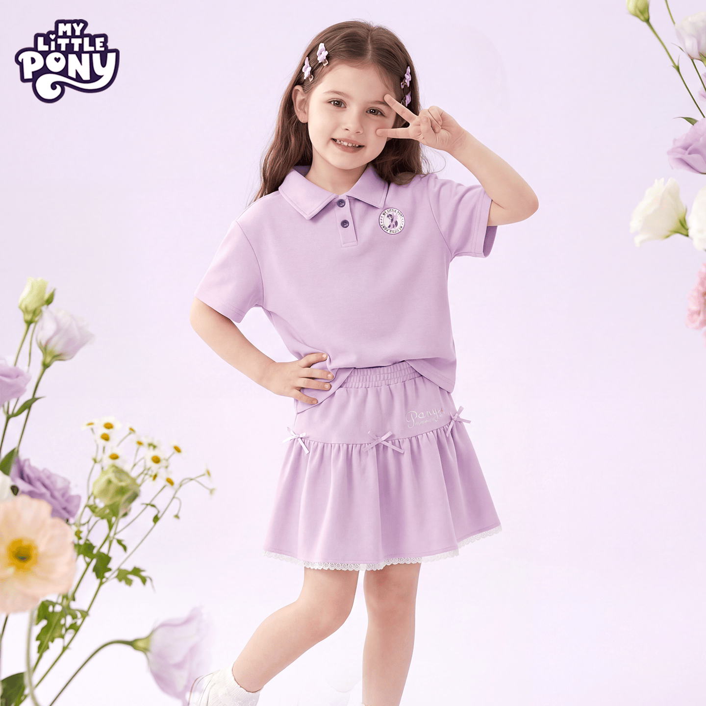 小马宝莉（MY LITTLE PONY）女童套装夏季2026新款女孩学院风短袖t恤儿童装夏款短裤 【套装】天使紫悦紫 130 130cm