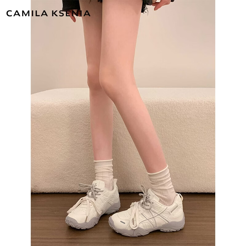 CAMILA KSENIA老爹鞋女士2026年新款夏季休闲德训鞋百搭厚底内增高运动小白鞋子 米灰色 38