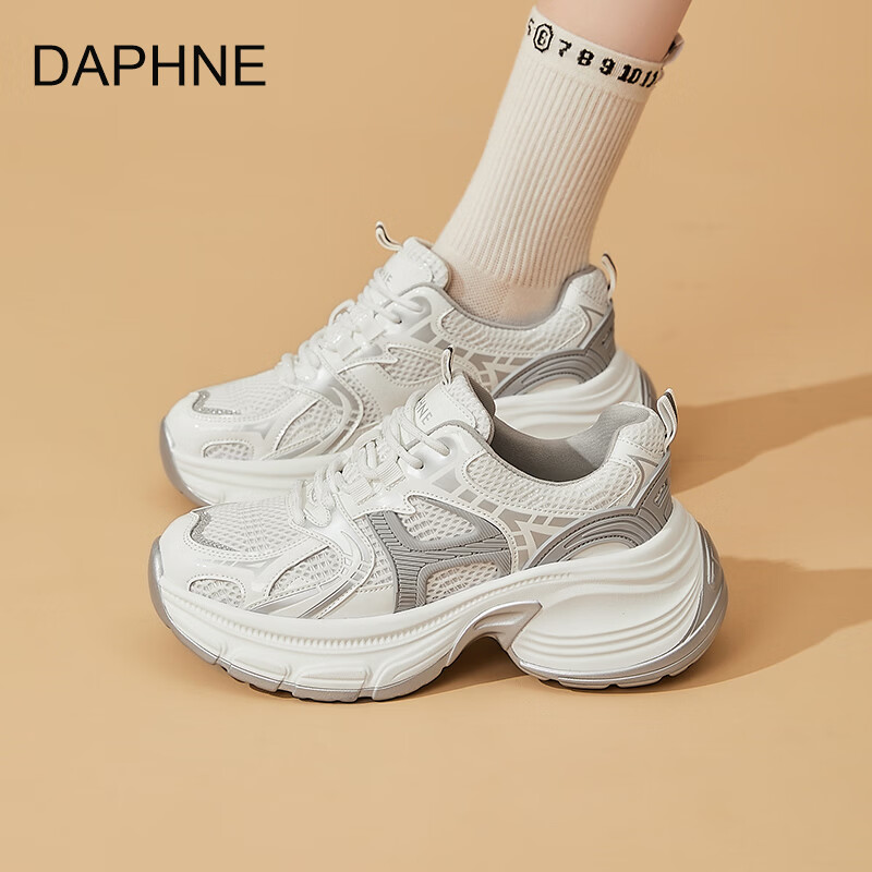 达芙妮厚底透气银色老爹鞋女2026新款春季复古百搭休闲网面跑步运动鞋 白灰色 40