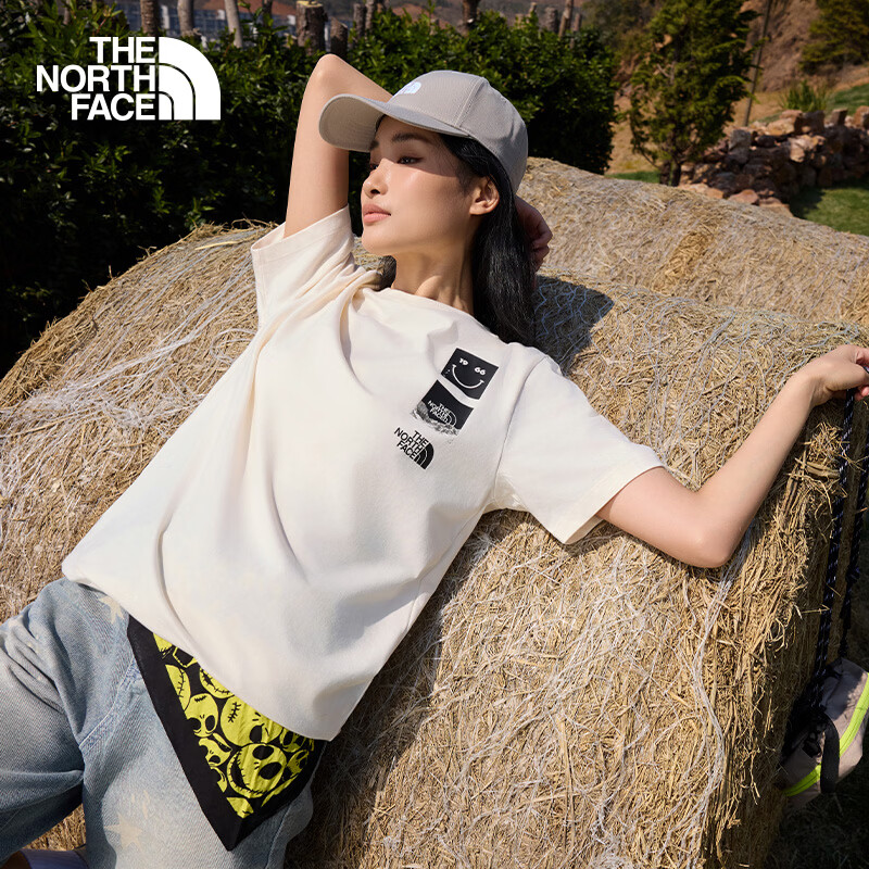 北面（The North Face）短袖T恤男女同款笑脸印花宽松透气休闲半袖春夏款|8GVK QLI/米白色 M /170