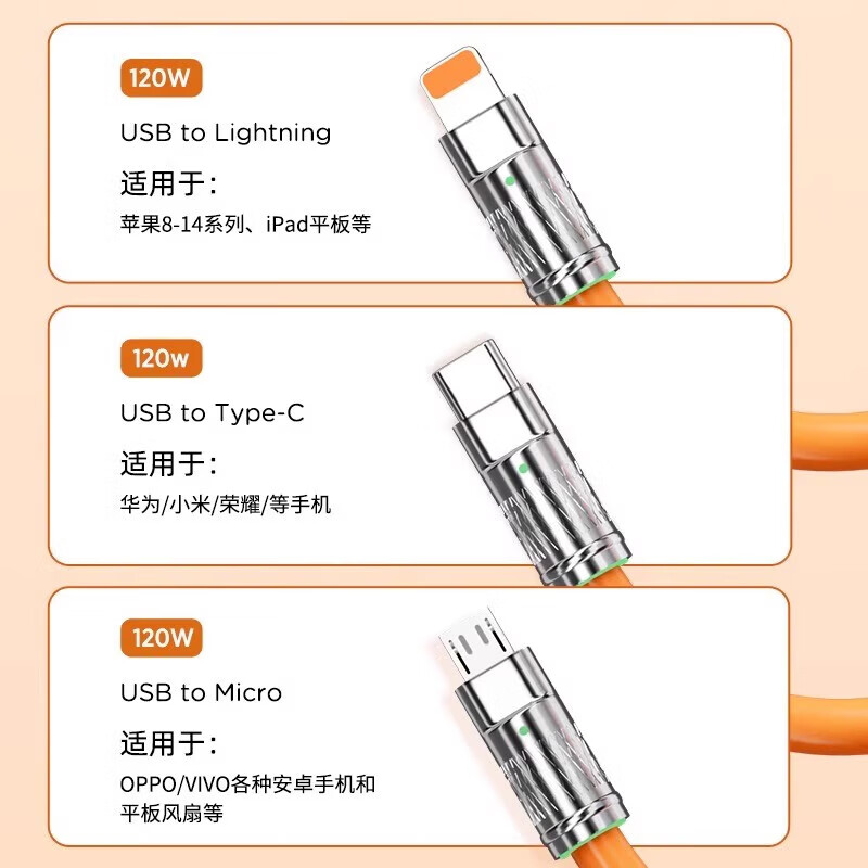 电动车快充三合一快充手机充电数据线一拖三 120w超级快充【裸线)