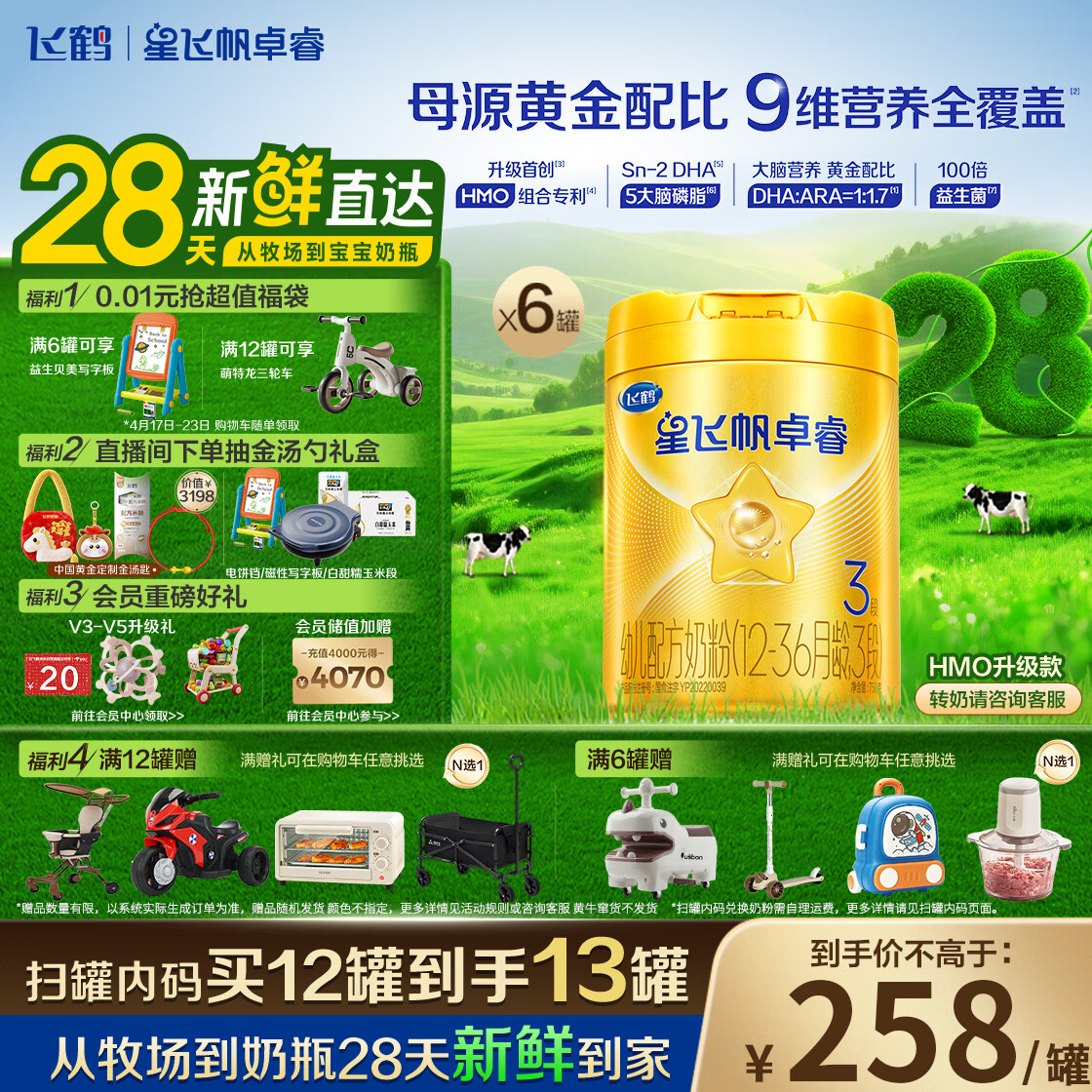 飞鹤星飞帆卓睿 3段幼儿配方奶粉(1-3岁)750g*6罐 HMO 28天新鲜直达