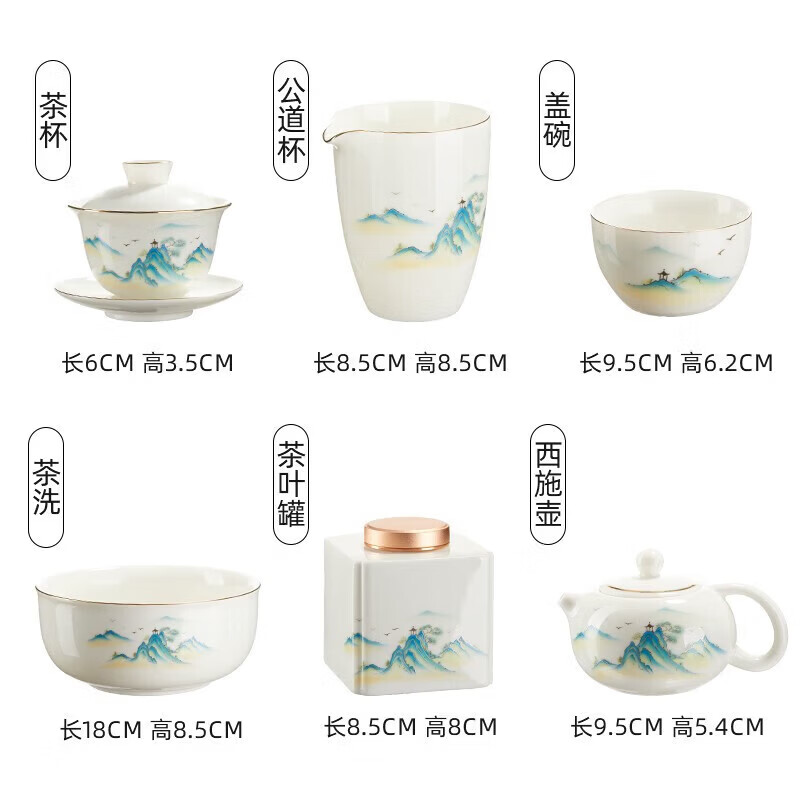 八千行功夫茶具整套盖碗套装羊脂玉陶瓷家用泡茶杯送爸爸生日礼物品乔迁 千里江山【描金礼盒装】15头大套组