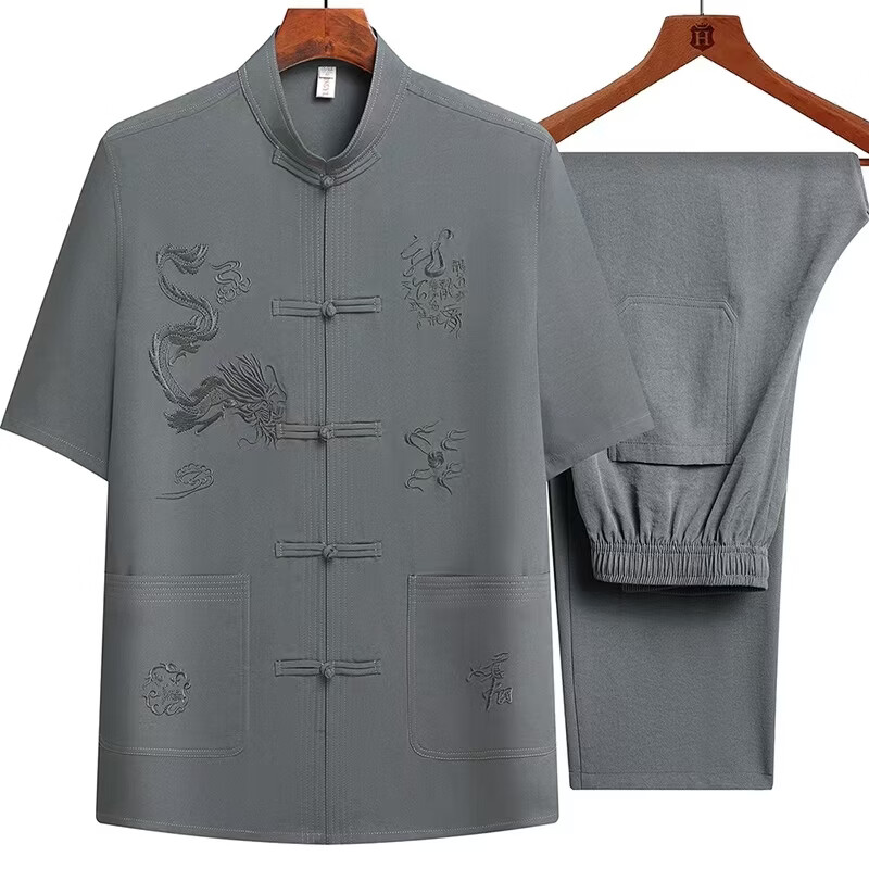 夏季中老年冰丝短袖唐装爸爸夏装套装老人中国风薄款宽松爷爷装 深灰 2XL 【建议体重150-170斤】