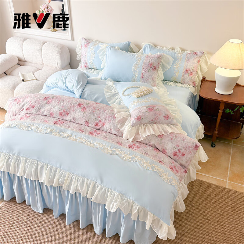 雅鹿水洗亲肤棉雪纺花边蕾丝刺绣法式床裙韩版四件套家用公主风 爱丽丝-蓝 1.8 床笠款 （被套200*230cm） 四件套