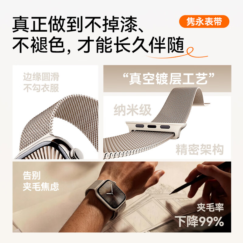 核力星球（HELIXINQQIU）适用苹果手表表带apple watch S11/10/9/8/7米兰尼斯不锈钢官方iwatch爽肤透气金属强力磁吸表带 【官方同款】星光色 适用44/45/46/49mm表盘