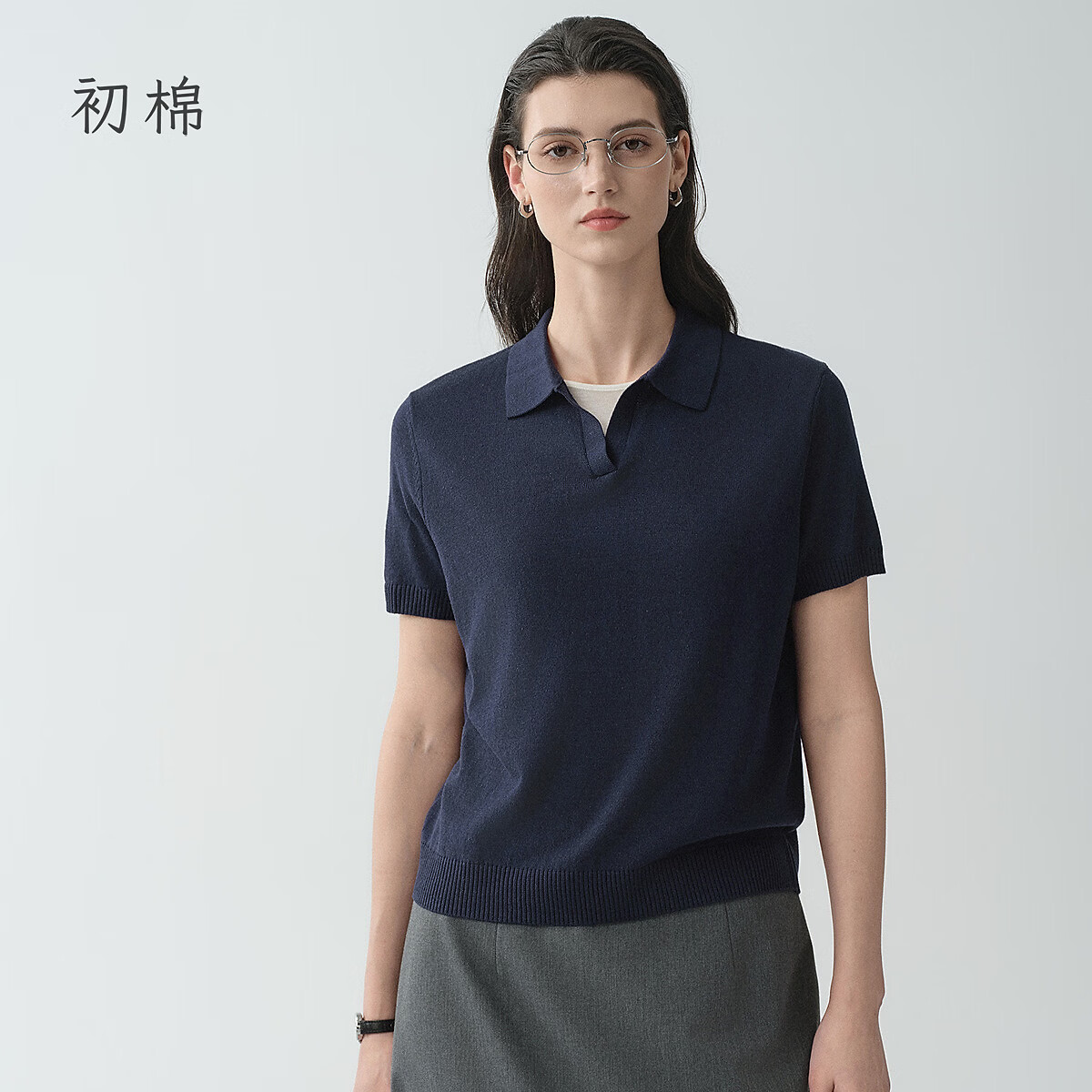 初棉薄款亚麻polo领短袖针织衫女26春夏莱赛尔复古v领polo衫上衣 藏青色 M