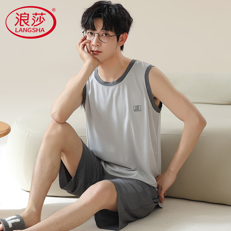 浪莎睡衣男夏季莫代尔薄款凉快无袖短裤套装可外穿家居服 灰色 2XL