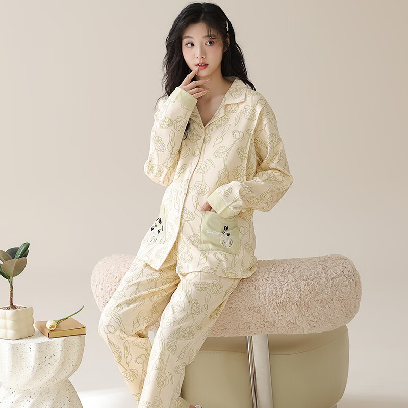 ROVO月子服产妇夏季薄款孕妇装产后睡衣套装居家服夏季薄款带胸垫 浅绿印花 XL