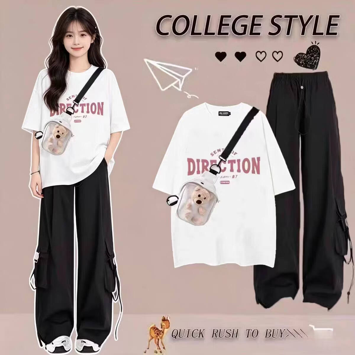 欧颖慕女童衣服初高中生夏季新款运动套装时尚女童套装夏季女孩短袖宽松 白色短袖+粉色工装裤【两件套】-无包包 155 （S）码【建议75-90斤】