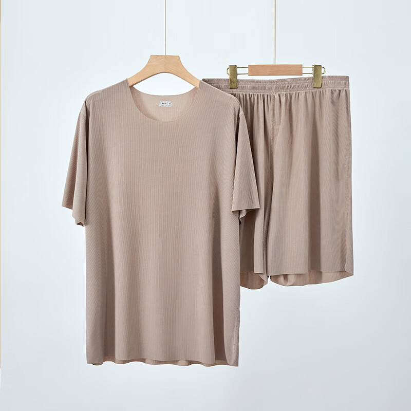 有只绵男士套装家居服女士短裤无痕冰丝打底夏季高弹休闲套装圆领 男士家居服-绿色 XL