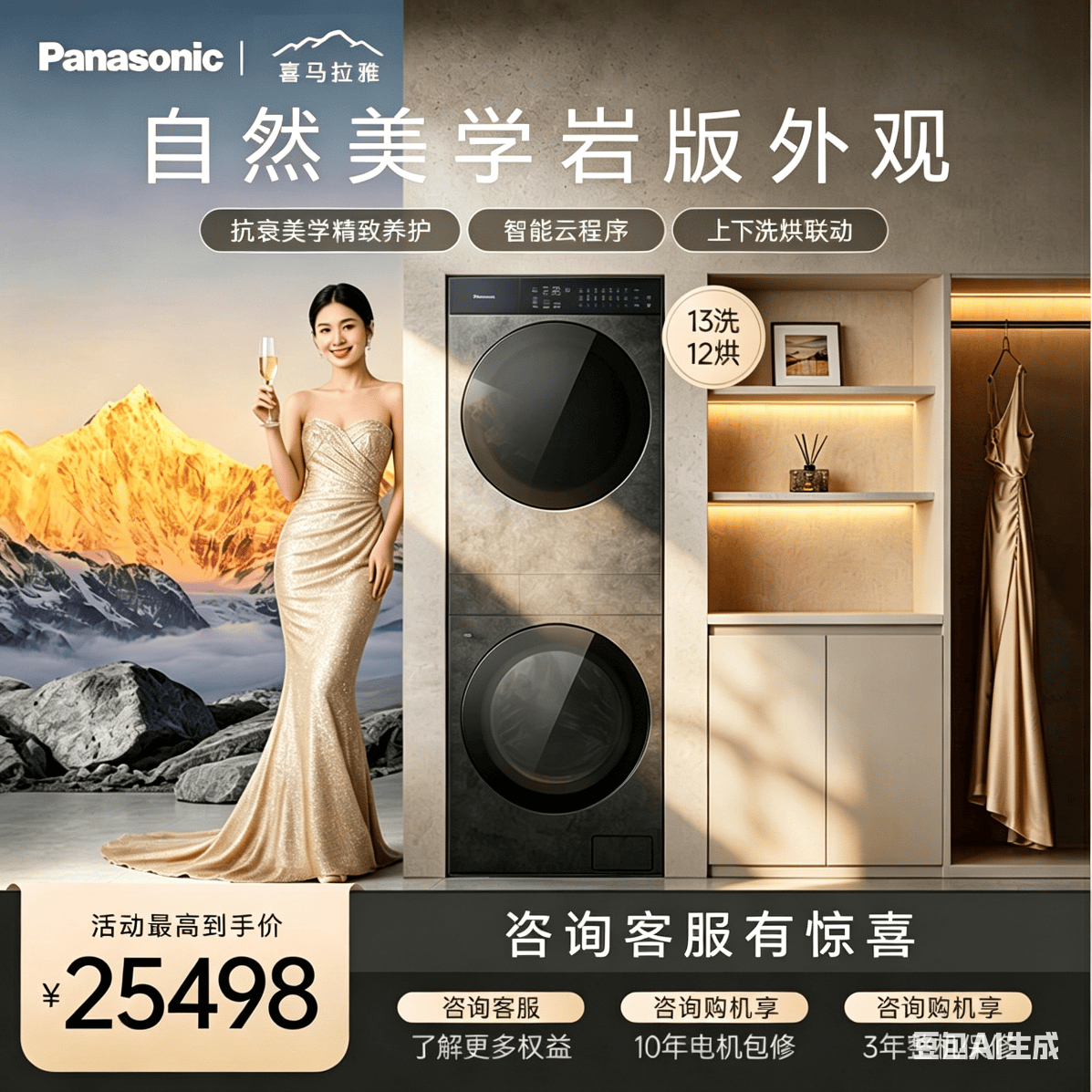 松下（Panasonic）喜马拉雅复式13洗+12烘一体洗烘套装 岩板纯平全嵌 水氧泡沫净光动银除菌三变频 珠穆朗玛岩 13KG洗+12KG烘|洗烘套装