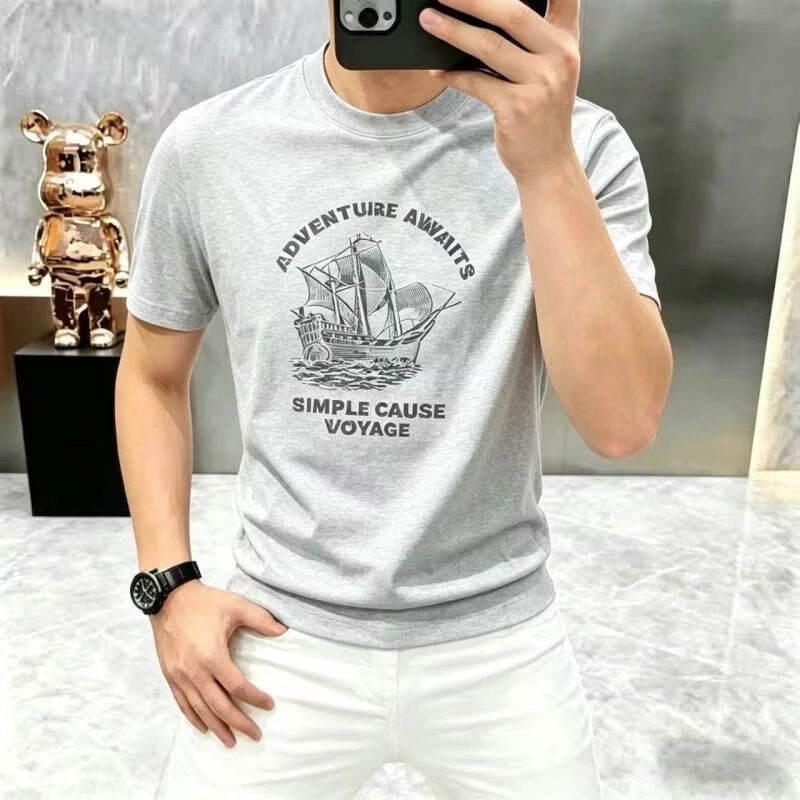 【两件装】男士短袖t恤2026新款夏季美式复古帆船印花半袖zj 蓝色+白色 3XL 适合180-200斤