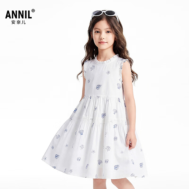 安奈儿（Annil）童装女童连衣裙2026夏新款 白底花 150