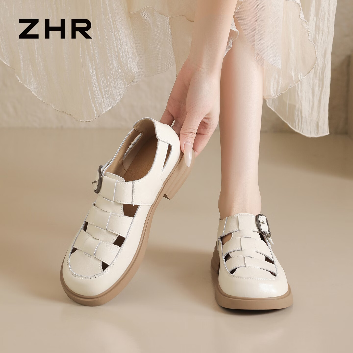 ZHR则则复古透气罗马凉鞋女夏季新款包头鞋子厚底猪笼鞋女鞋 BK195米色37