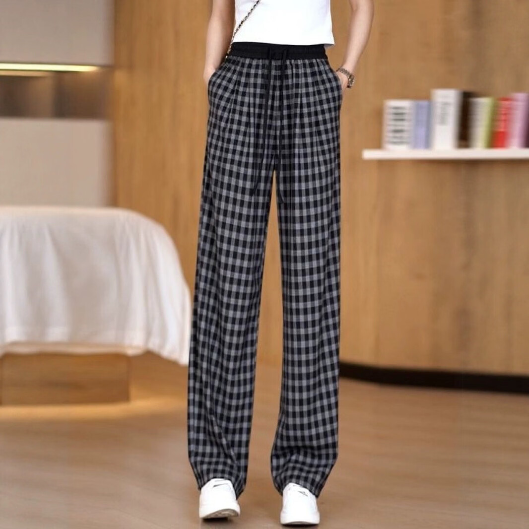 【品质升级款】夏季清凉小格子冰丝裤凉凉裤宽松休闲显瘦大码外穿 黑格 2XL （建议120-160斤）