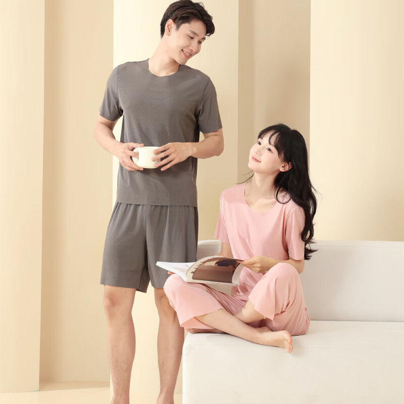 有只绵男士套装家居服女士短裤无痕冰丝打底夏季高弹休闲套装圆领 男士家居服-绿色 XL