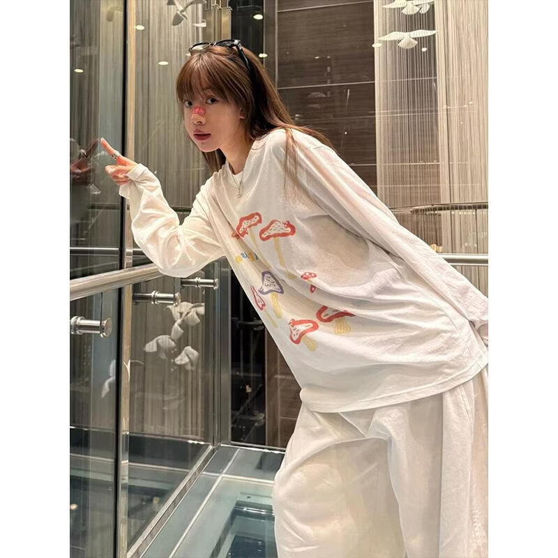 【源头直采】圆领薄款长袖T恤女防晒罩衫外搭小个子宽松休闲上衣 白色【雪花棉】 S