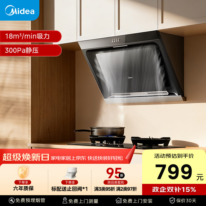 美的（Midea）抽吸排油烟机 家用大吸力侧吸式油烟机上门安装以旧换新出租房屋脱排烟机CXW-200-J30