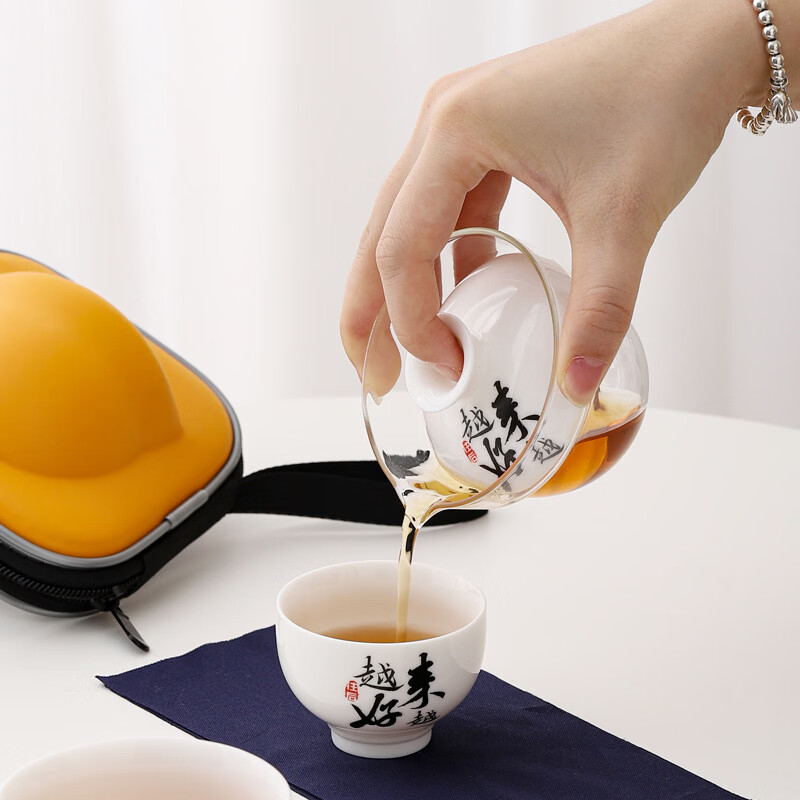 星舵户外旅行茶具一壶两杯功夫茶具便携快客杯国潮文创商务礼品印logo 羊脂玉简白-透明玻璃公杯-小黄包