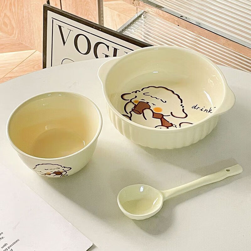 【乐选】奶fufu陶瓷釉下彩双耳碗一人食家用餐具套装带勺筷宿舍泡 面包旺4.5英寸碗(1碗1勺)
