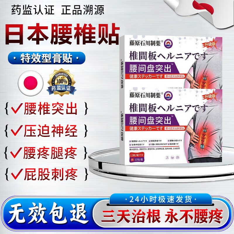 藤原石川制薬日本原装进口腰椎间盘突出膏药贴压迫神经腰疼屁股疼腿最好的膏药 特效【好后绝不犯】 5盒*12贴 腰椎间盘突出进口专用膏贴