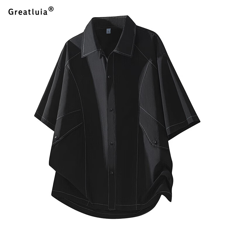 GREATLUIA短袖男夏季新款纯色明线工装翻领短袖衬衫宽松潮流休闲百搭款上衣 黑色 XL