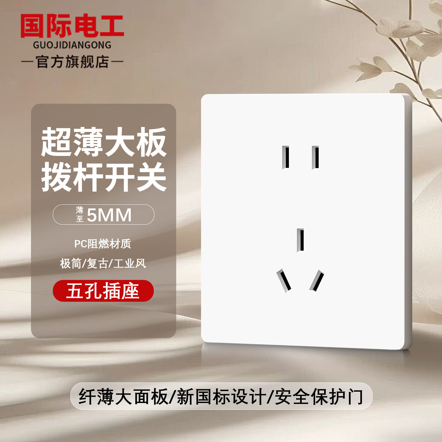 国际电工创意复古造型开关插座面板家用超薄86型墙壁美学拨杆开关 白色 五孔插座