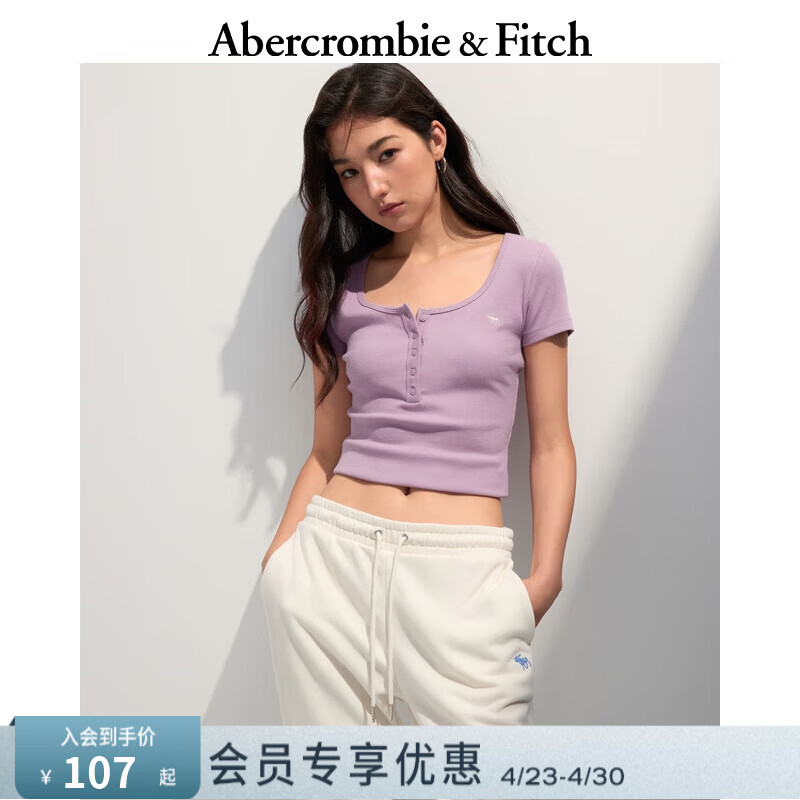 Abercrombie &amp; Fitch【多色亨利领】小麋鹿图案女装25夏季修身短袖T恤 粉色 L (165/104A)
