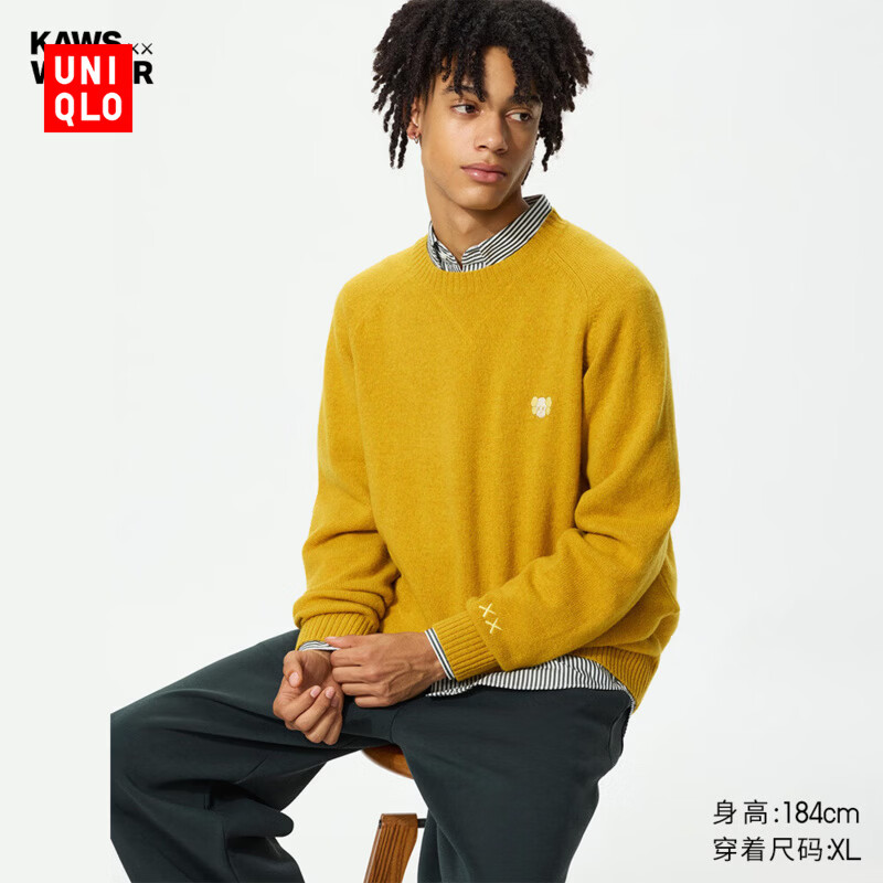 优衣库男装女装KAWS柔软绵羊毛圆领针织衫长袖毛衣毛衫485271 44 亮黄色 L