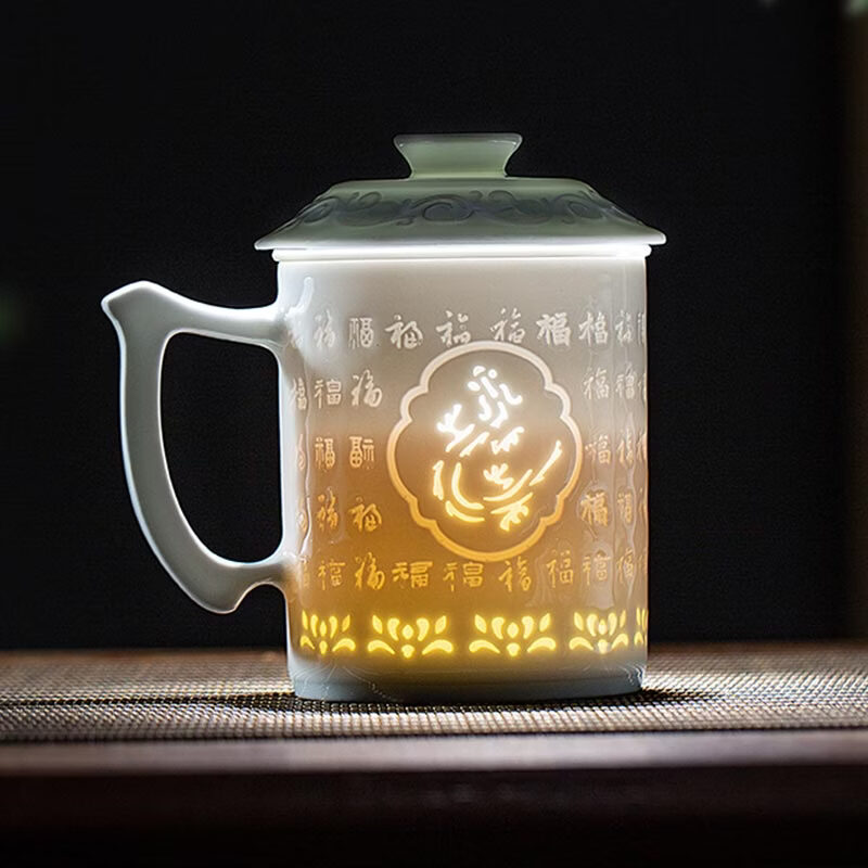 御嘉斋景德镇泡茶杯玲珑影青雕刻茶杯专用茶水分离带盖办公杯可定制礼物 百福鼠可定制礼品 450ml【个人.企业均可定制]