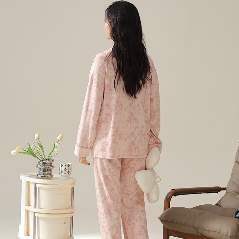 ROVO月子服产妇夏季薄款产妇孕妇睡衣套装产后哺乳家居服带胸垫 米色印花 L