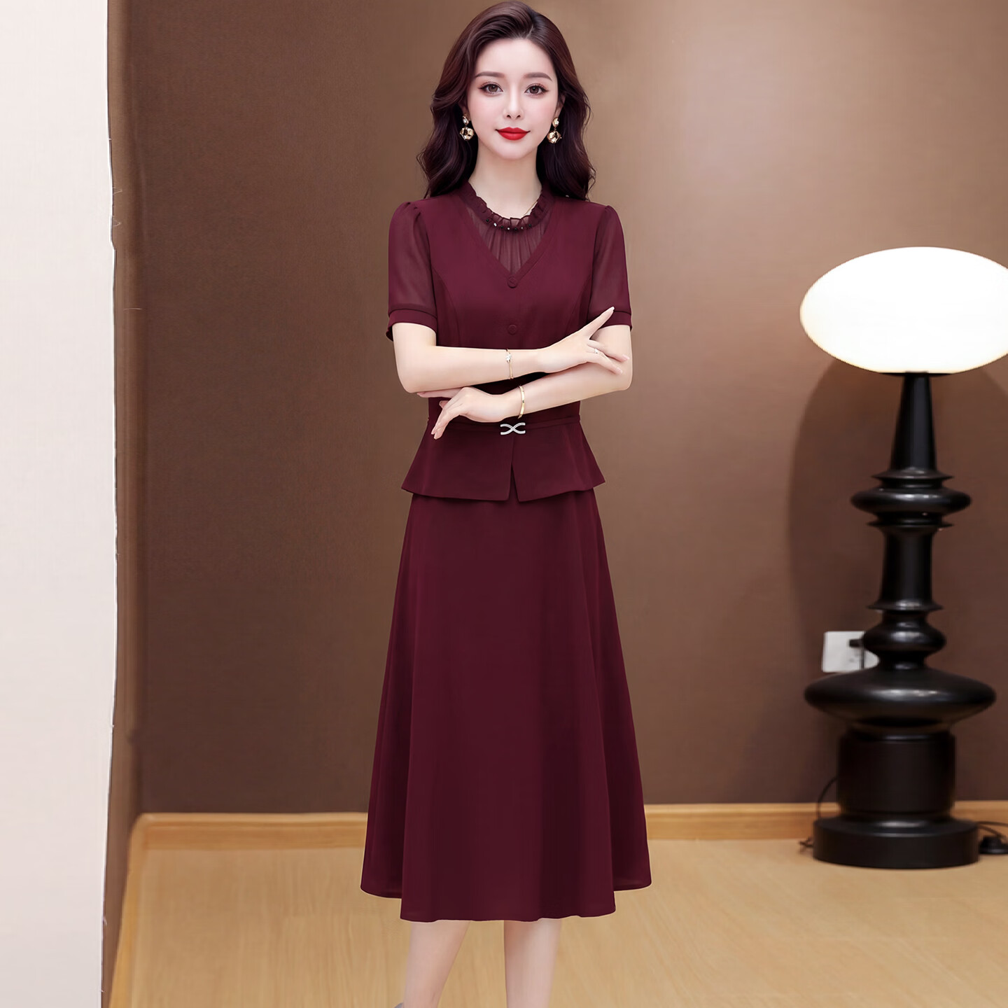 香影芬高档短袖假两件连衣裙女2026夏季新款喜婆婆妈妈婚宴礼服连衣裙 图片色 L (建议85-100斤)