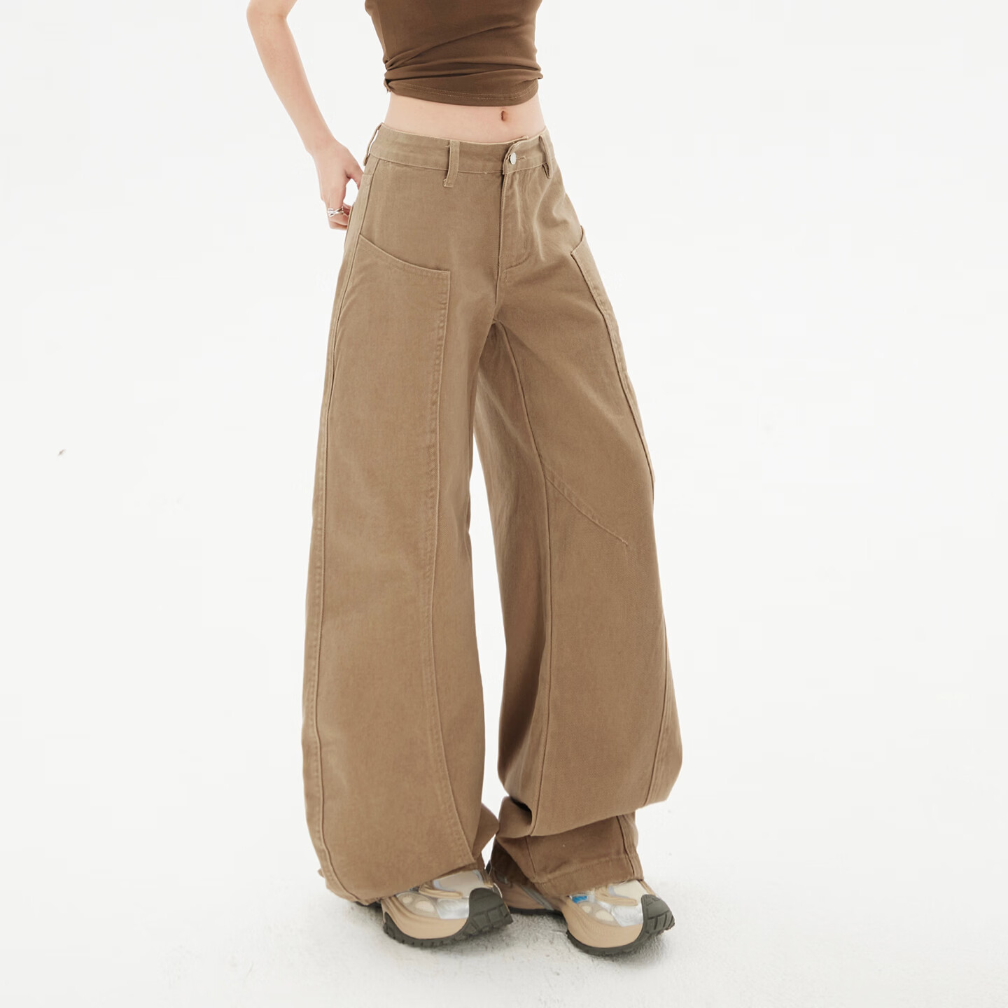 HDDD STUDIO复古卡其宽松阔腿裤镰刀裤百搭高街牛仔裤 卡其加长 常规 XL