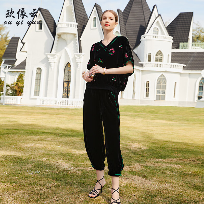 歐依云歐依云中年洋氣媽媽時(shí)尚大碼套裝顯瘦秋裝桑蠶絲寬松兩件套女減齡 黑色 6XL( 155-170斤)