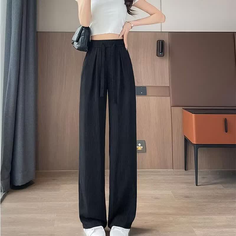 冰丝阔腿裤女春夏秋2026年新款高腰抽绳肌理感慵懒美式休闲裤子 黑色扎染 XL （115-130斤）
