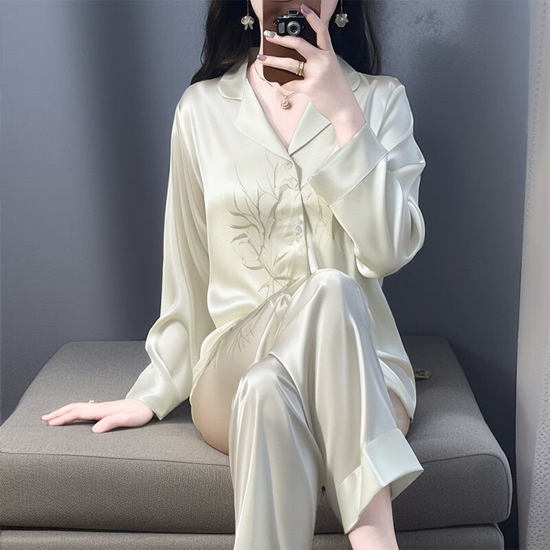 德莉娅2026新款新中式国风真丝睡衣女春秋长袖薄款可外穿桑蚕丝家居服 绿影竹林 【礼盒装】 XL 建议【120-140斤】