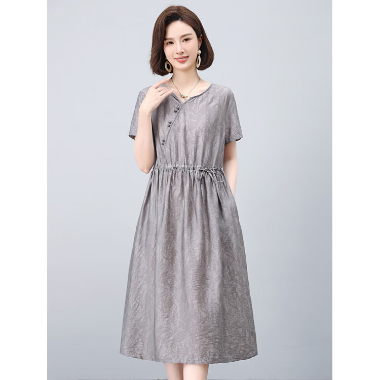 花花公子（PLAYBOY）新中式天丝亚麻A字连衣裙2026夏装妈妈中长款 杏色 【版】 2XL