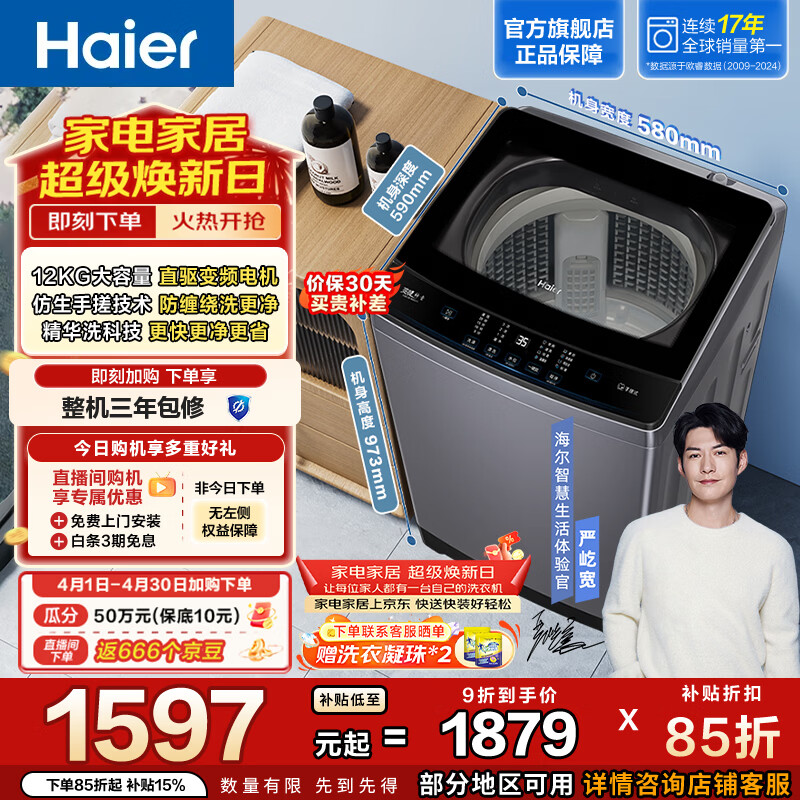 海尔（Haier）全自动波轮洗衣机 12KG懒人家用大容量 直驱变频 一级能效 漩瀑洗精华洗 家电换新补贴BSE629