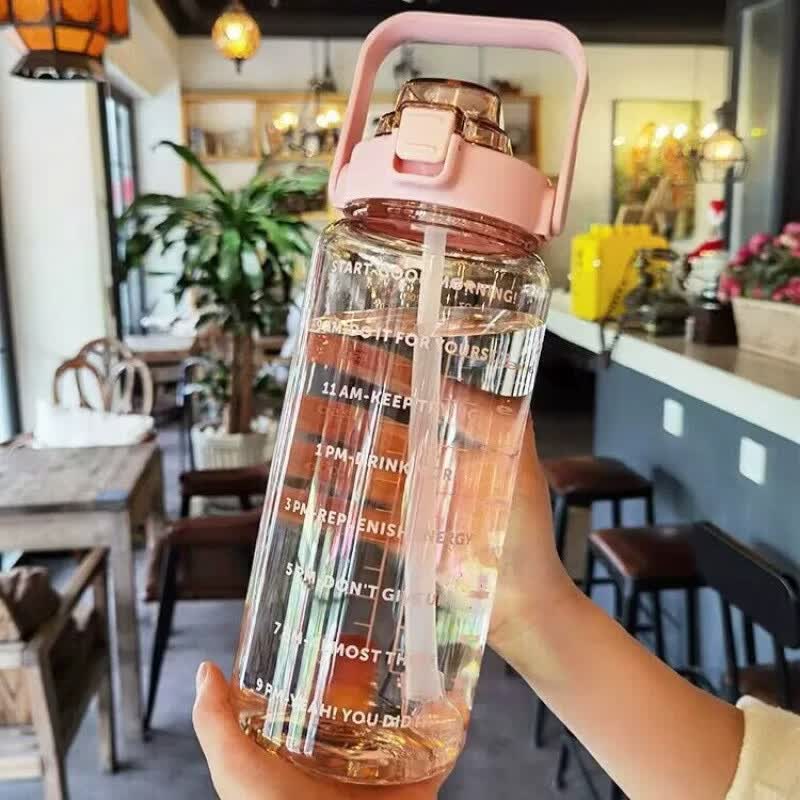 亚创优品+大容量水杯吨桶顿水壶带吸管刻度2000ml男女生ins学生高颜值水杯 蓝色-2000ml【吸管/刻度】